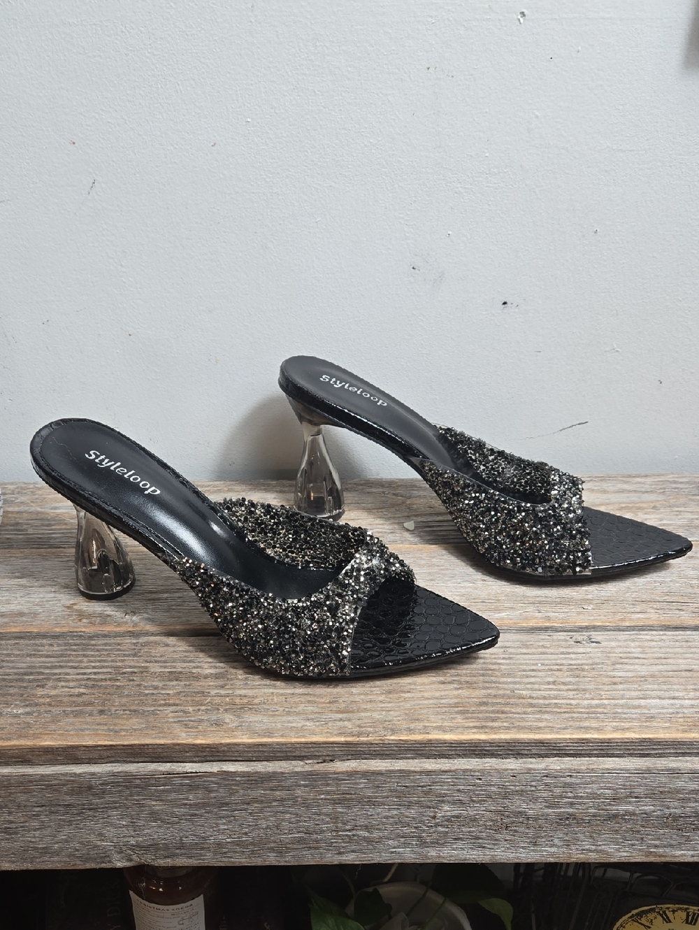 Styleloop Black And Silver Sparkle Mule Translucent Clear Pointed Toe Heels - Picture 3 of 7